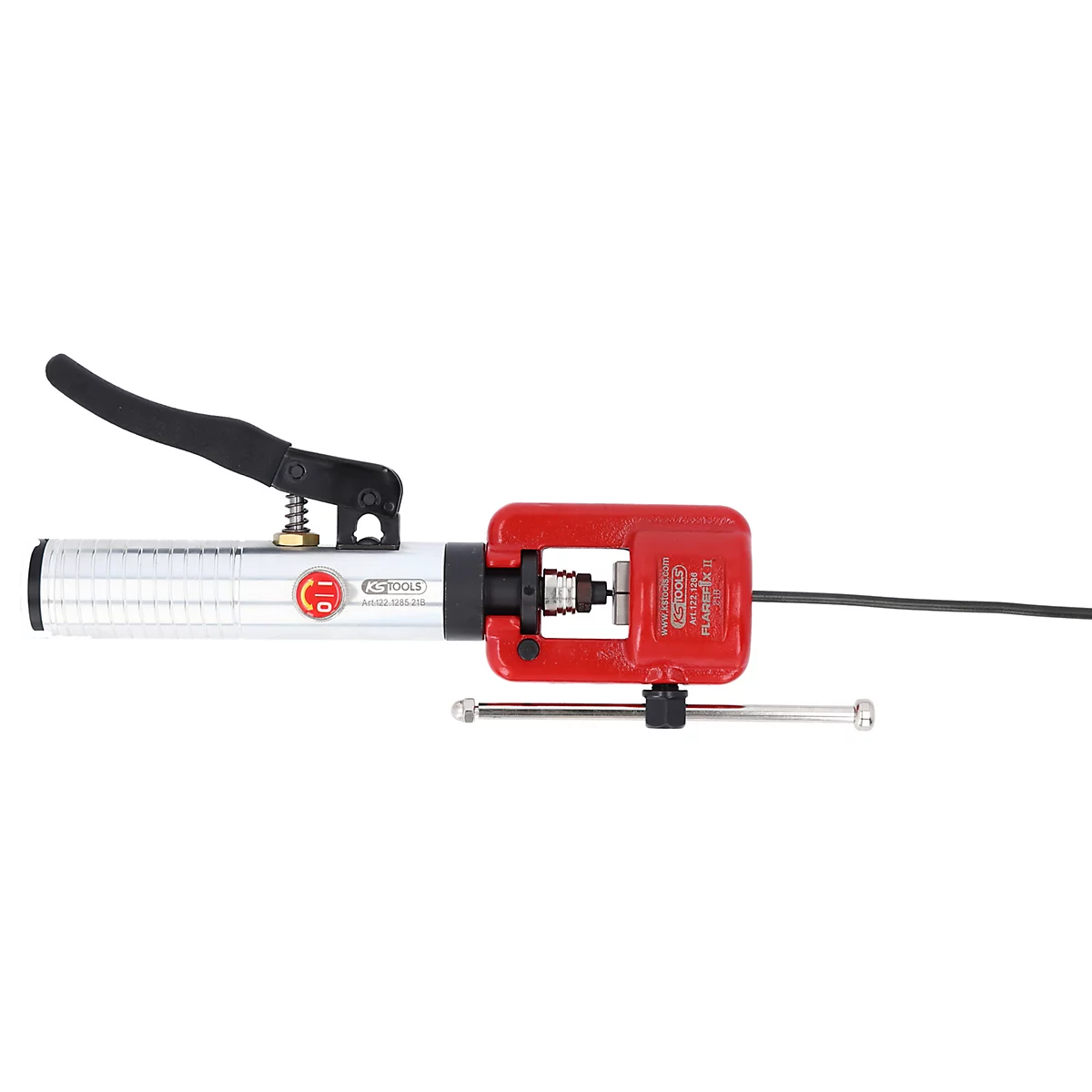 Ein Werkzeug zum Verpressen von Kabeln. Es besteht aus einem roten Kopf, einem silbernen Hauptteil und einem schwarzen Hebel.